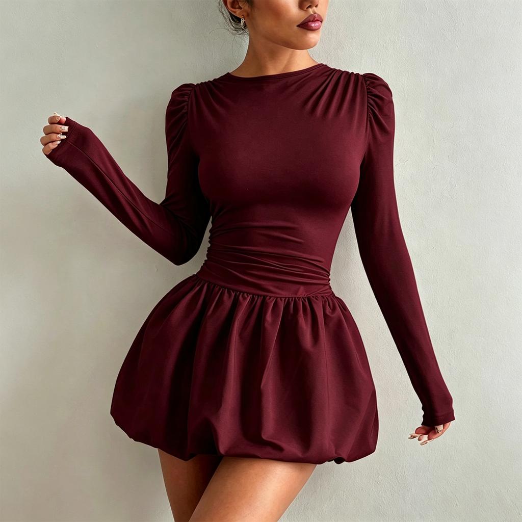 Abito casual da donna a maniche lunghe con scollo, vestibilità aderente, colorato, per l'uso quotidiano