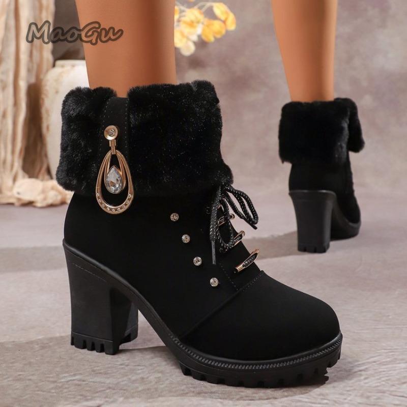 Fashion High Heel Women Platform Snow Boots Fashion Round Toe Side Zipper Short Tube Plush Shoes Crystal Decor Fleece Lined Botas Mujer