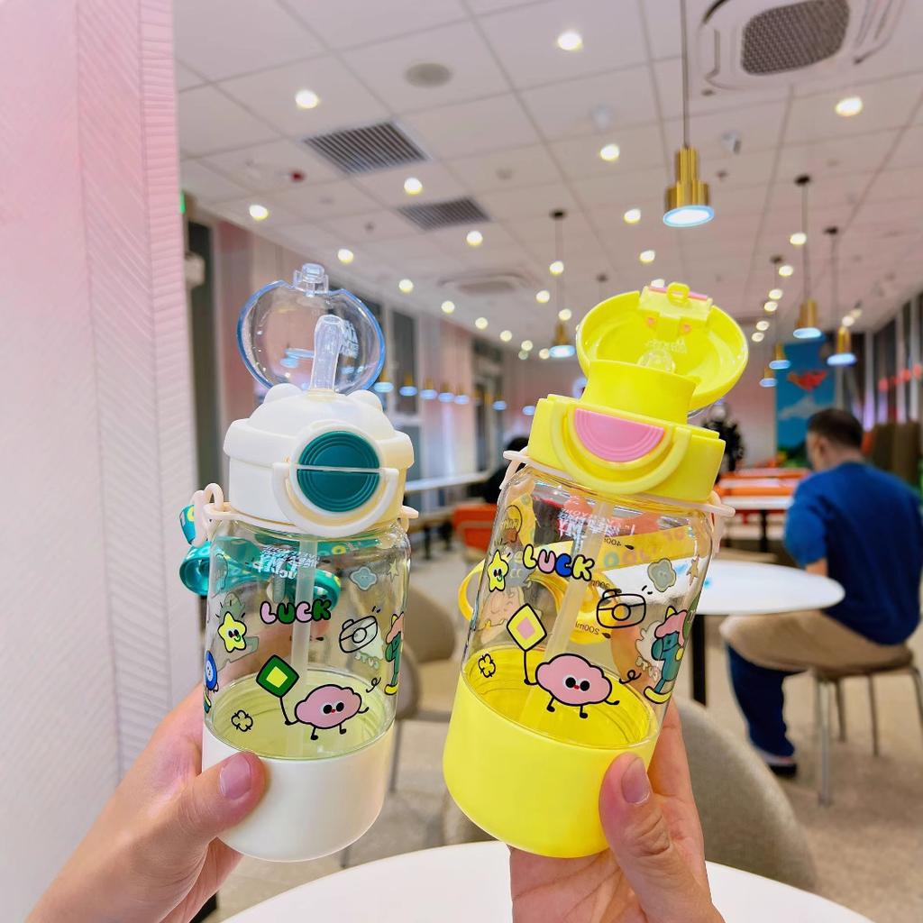 Water Bottle Pc Plastic Cup Cartoon Children's Straw Cup, Portable Bouncing Student Cute Water Cup New Strap Kettle