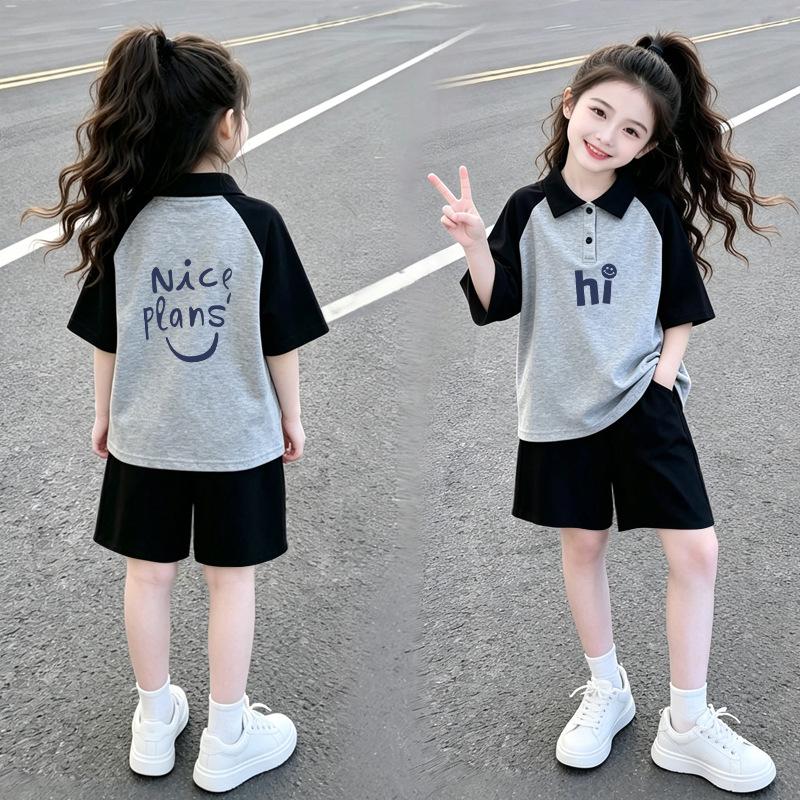 Korean-Style Girls' Color Block Lapel Polo Shirt & Shorts Summer Set