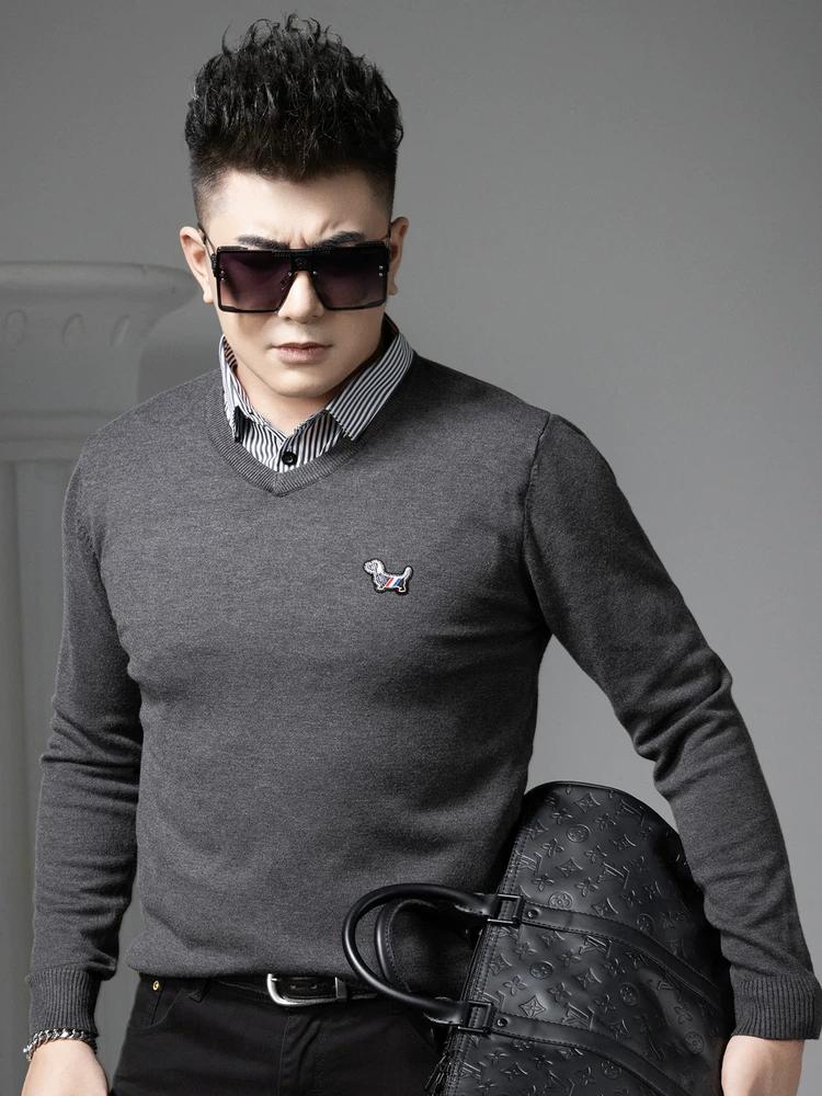 

European-Style Faux Two-Piece V-Neck Sweater for Men, Autumn and Winter Trendy Brand with Small Logo, Warm Knit Pullover Long-Sleeve Sweater 2XL