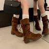 Boots women's new spring and autumn retro fringed knight boots Maillard medium boots thick-soled thick-heeled western boots women