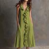 QICED Fashion Summer Spring Solid Color Print Sleeveless V-Neck Casual Dresses