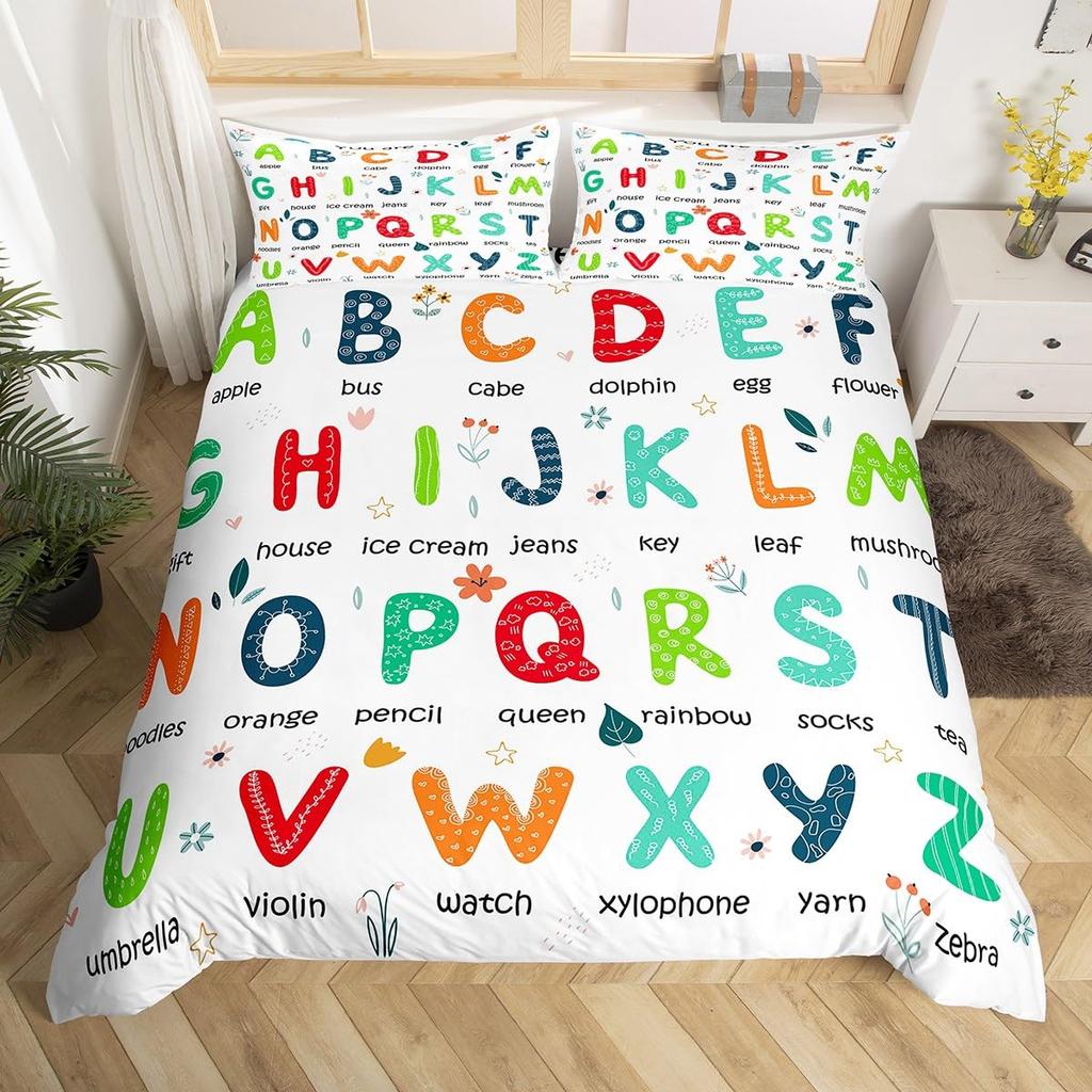 Outer Space Planet Galaxy Duvet Cover Twin King Kids Cartoon Bedding Set ABC Alphabet Learning Comforter Cover with 2 Pillowcase
