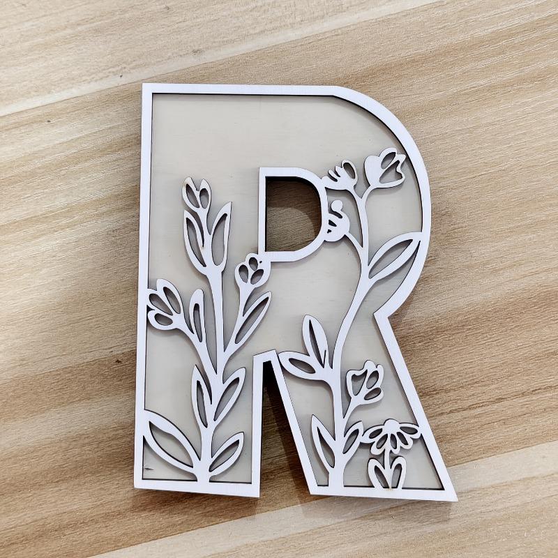 26pcs Wooden Alphabet Letters Wall Decor Set, Engraved Floral Pattern, Home Craft Ornaments, Elegant Display for Living Room