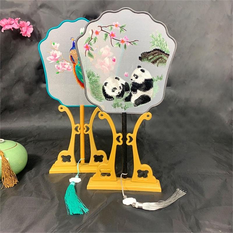 Chinese Styles Ancient Embroidery Fan Decorations Long Handle Tassels Double Side Hand Fan for Womens Girl Performances