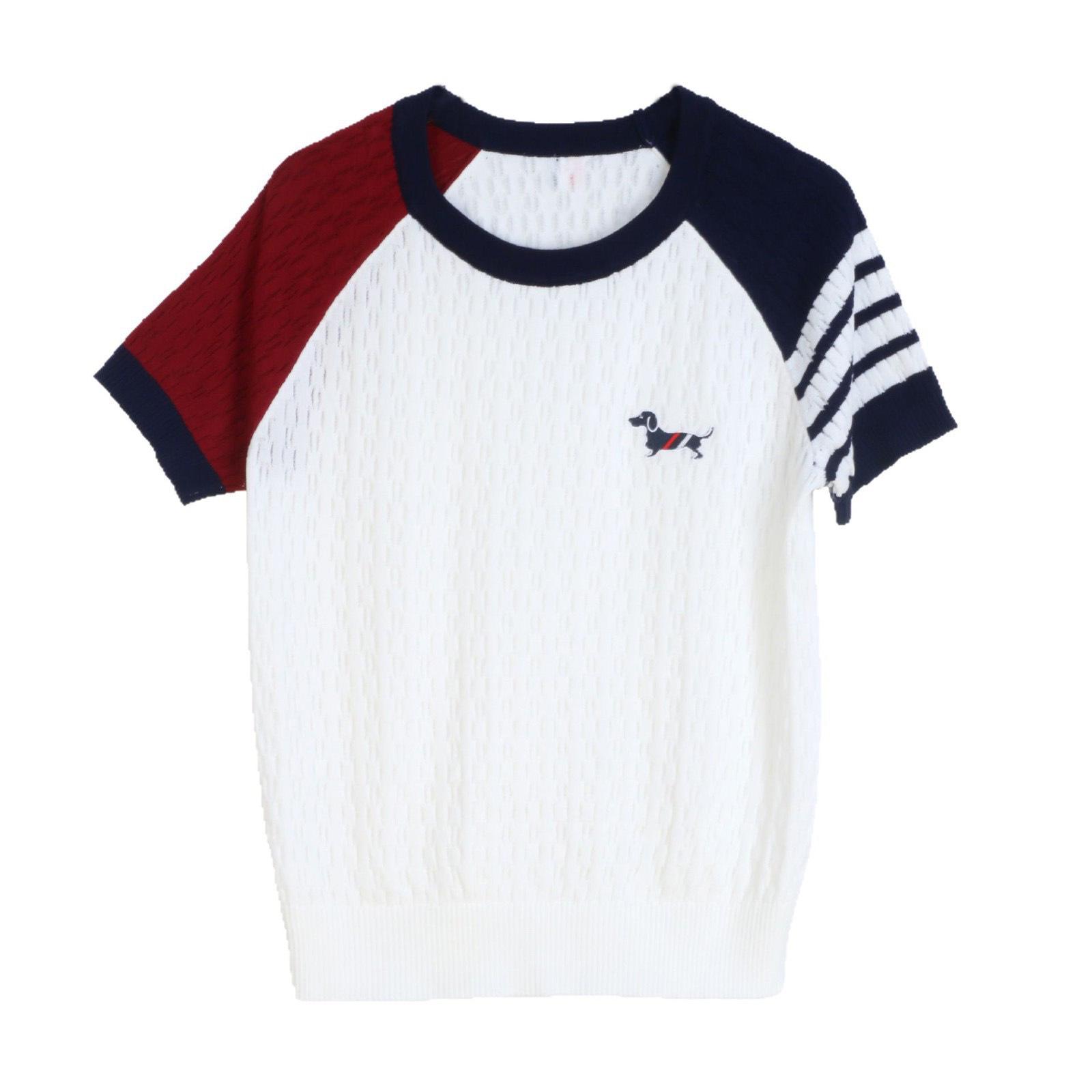 

Women s Autumn Color Block Knit Top - Round Neck, Short Sleeve, Korean Style Medium