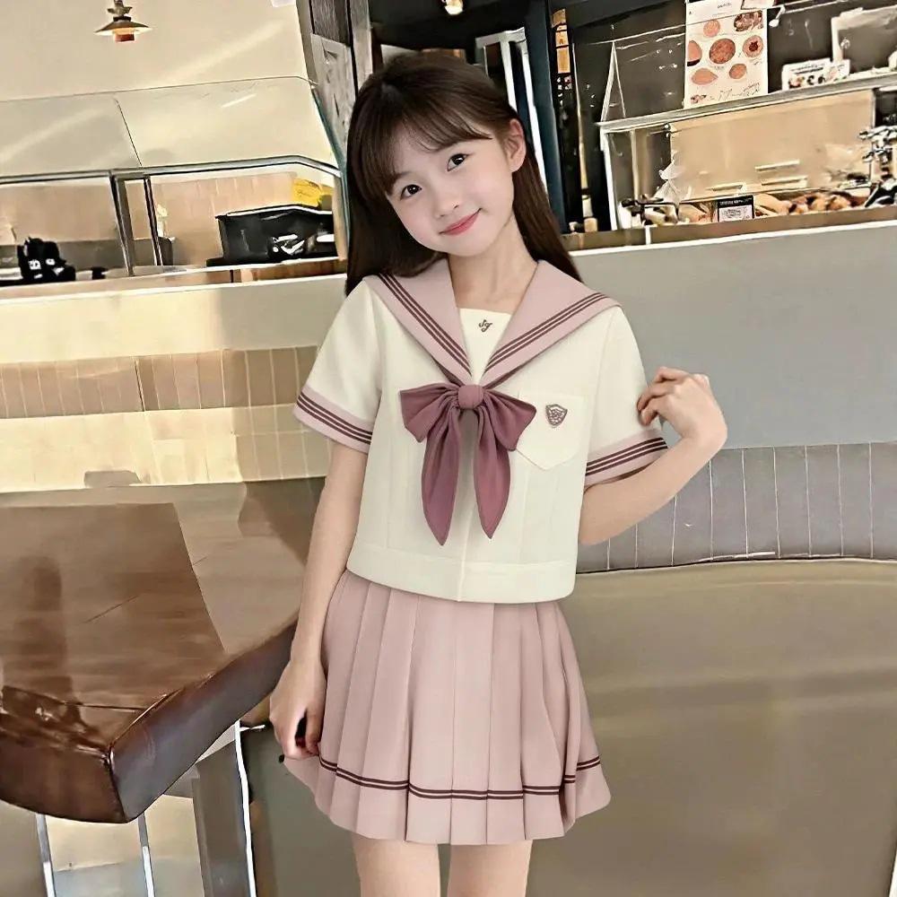 Girls' Summer Sailor Suit: Cute Navy Collar & Pleated Skirt Two-Piece JK Uniform