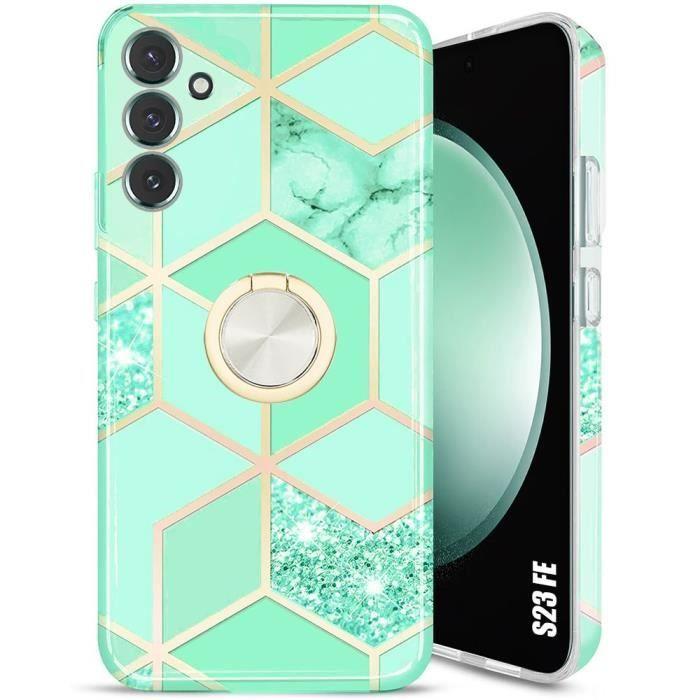 Coque de protection - BOOLING - pour Samsung Galaxy S23 FE - Marbre Turquoise - Support Rotatif 360° - Silicone