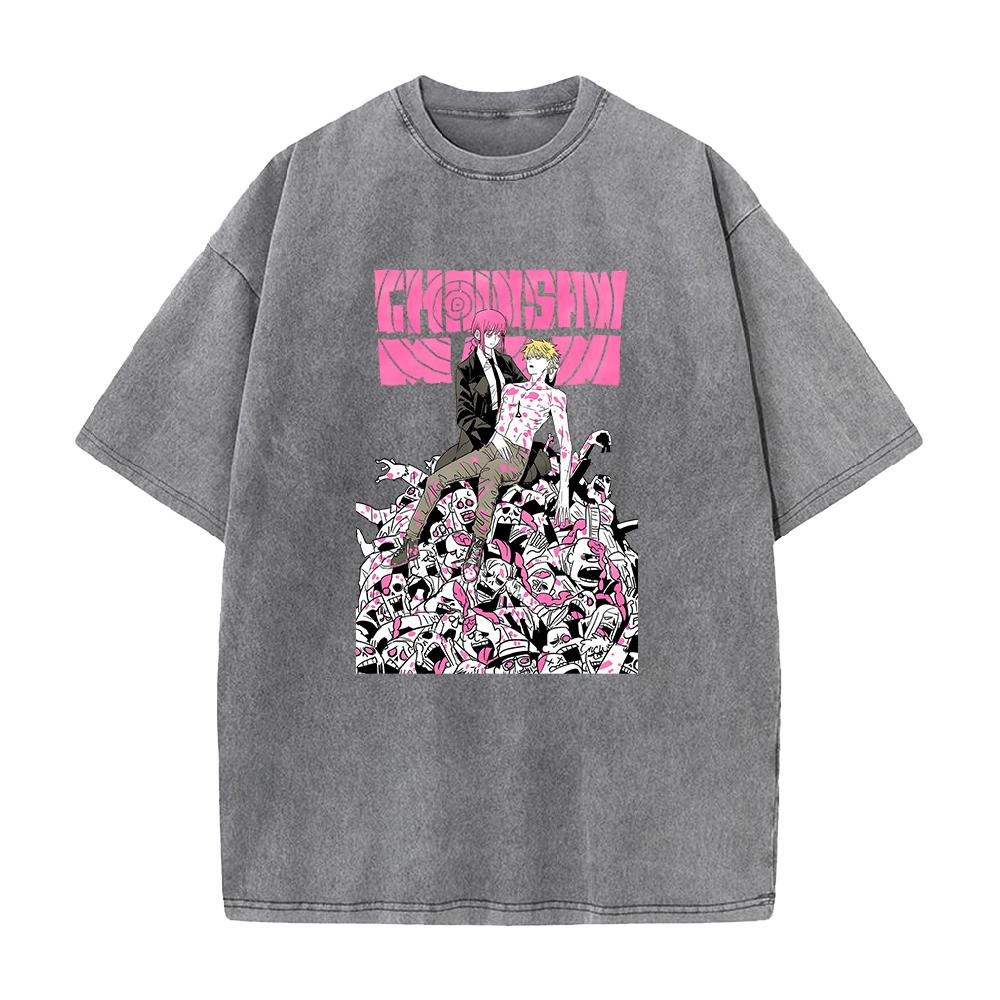 Anime Chainsaw Man Tshirt Denji Makima Print T Shirt Men Women Clothing Short Sleeve Cotton Tee Vintage Washed Oversized Tshirt