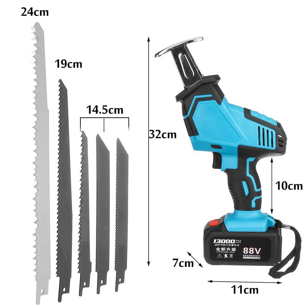 250W 13000mAh 26V/88V Cordless Reciprocating Saw+5 Saw Blades Metal Cutting Wood Tool Portable Woodworking Cutters Blue