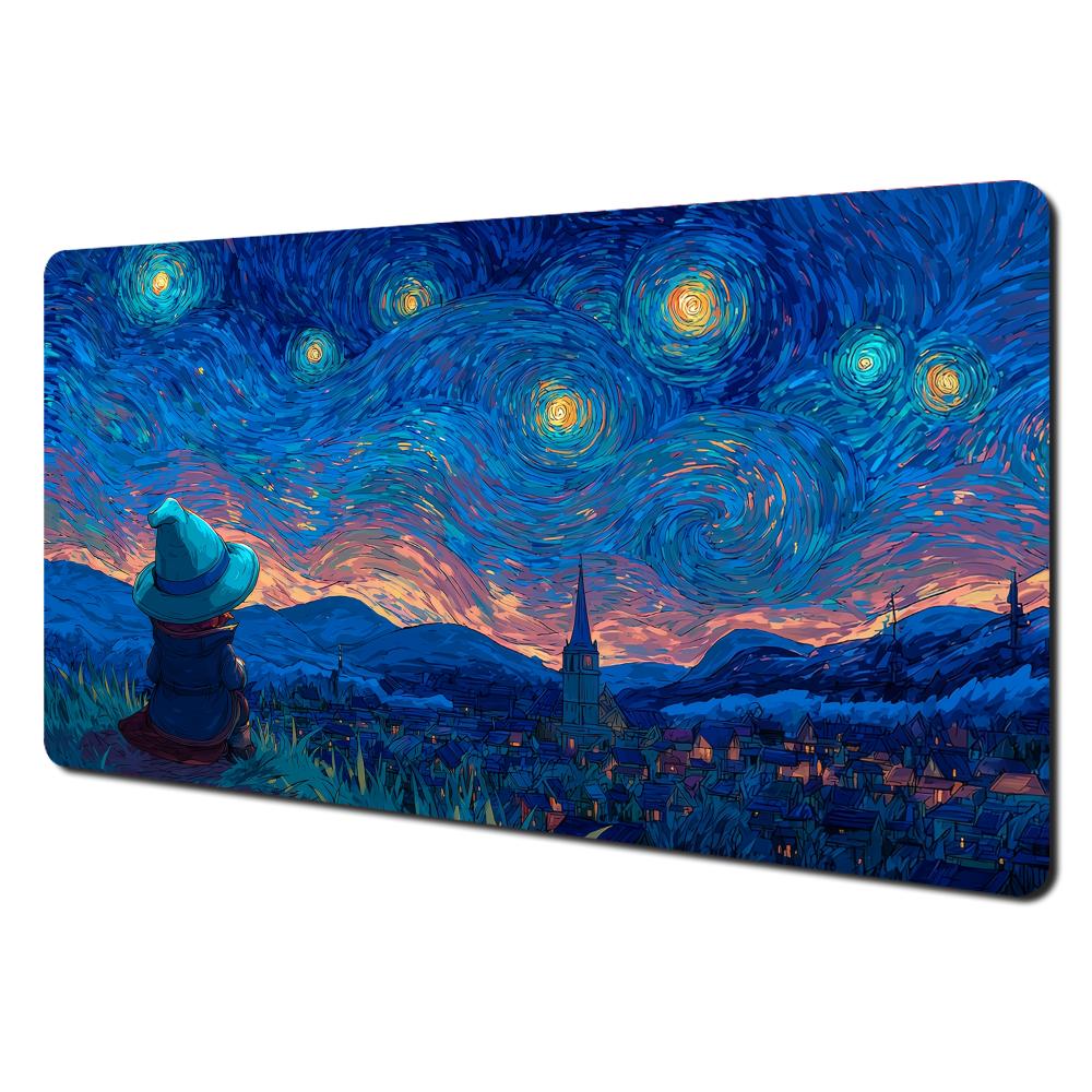 Starry Night Wizard Tcg Playmat Oil Painting Style NonSlip Rubber Card Game Desk Mat Large Mouse Pad