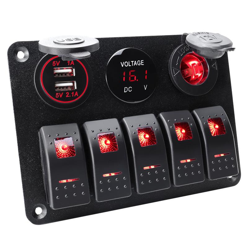 5 sets of rocker switch panels, 12-24V, with dual USB socket 4.2A+voltmeter LED light and cigarette lighter.