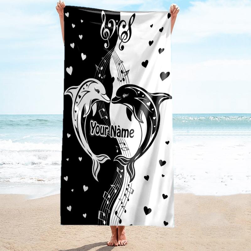 1PC Custom Name Dolphins Music Heart Beach Towel Highly Absorbent And Sand-Resistant Towel for Swimming, Pool, Yoga, And Travel Lightweight