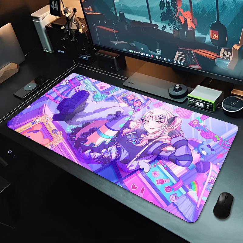 Large Gaming Mouse PadAntislip Rubber Base Stitched Edges Purple Hair Demon Anime Girl Art Print Extended Office Gamer Mat
