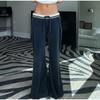 Blue Velvet Casual Pants Streetwear Stitching Straight Trousers Vintage Drawstring Low Rise Loose Women's Pants Basic 2025 Spring Autumn