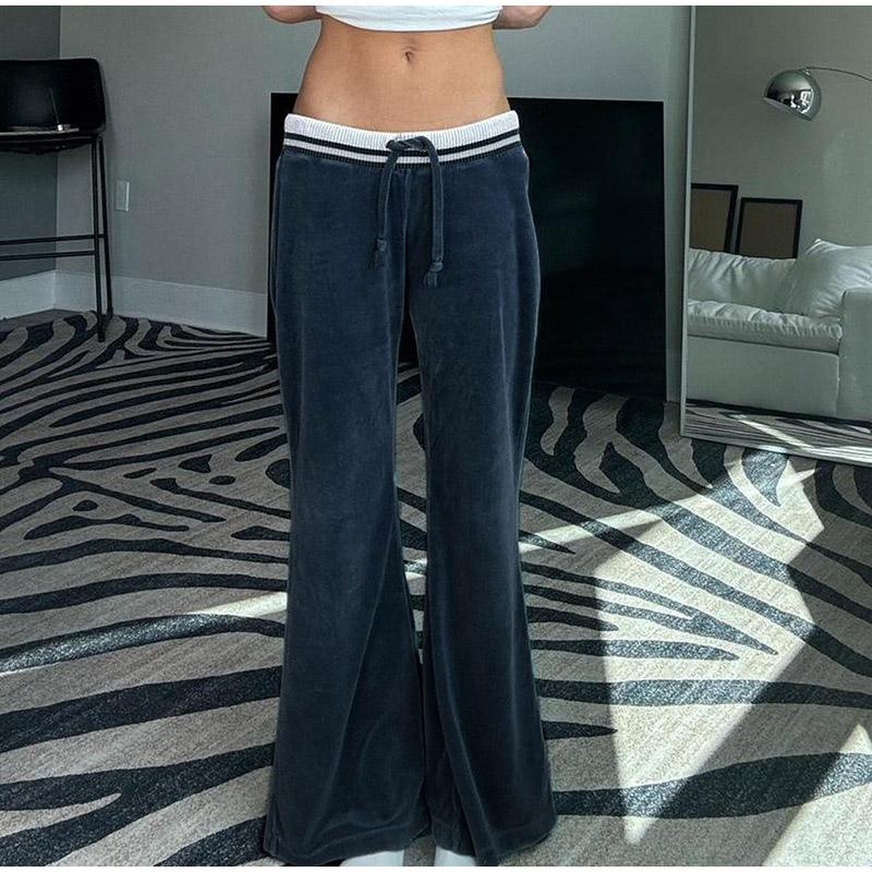 Blue Velvet Casual Pants Streetwear Stitching Straight Trousers Vintage Drawstring Low Rise Loose Women's Pants Basic 2025 Spring Autumn
