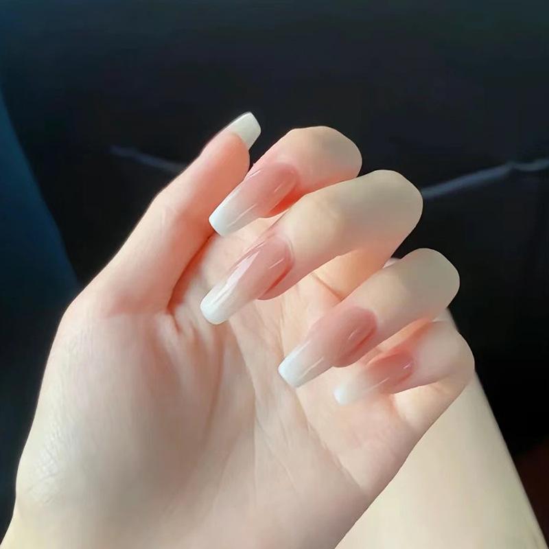 24Pcs Handmade Short Square Press On Nails Gradient White Edge Nude French Tip Fake Nails