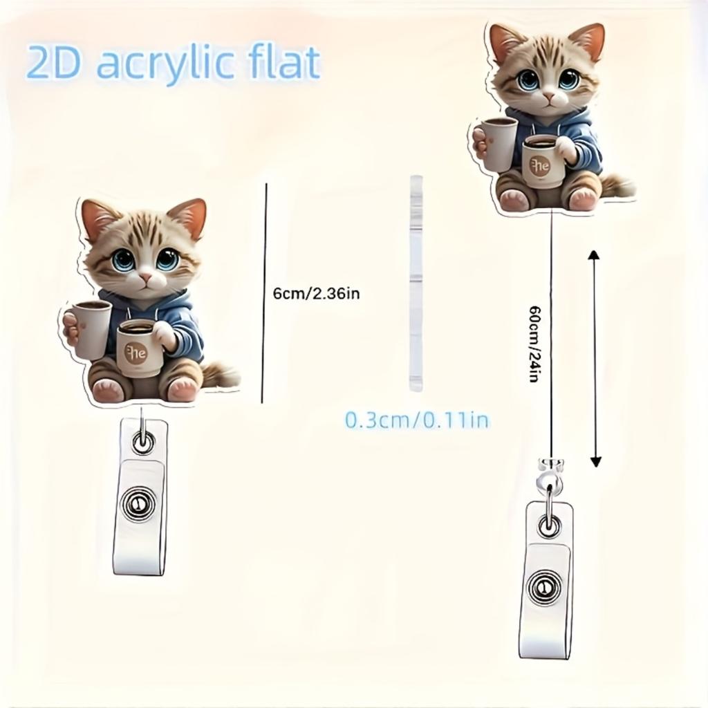 2D Flat Acrylic Cute Coffee Cat Retractable Badge Reel, Lanyard ID Clip For Nurses Doctors Registered Licensed Nurses Medical Workplace Use