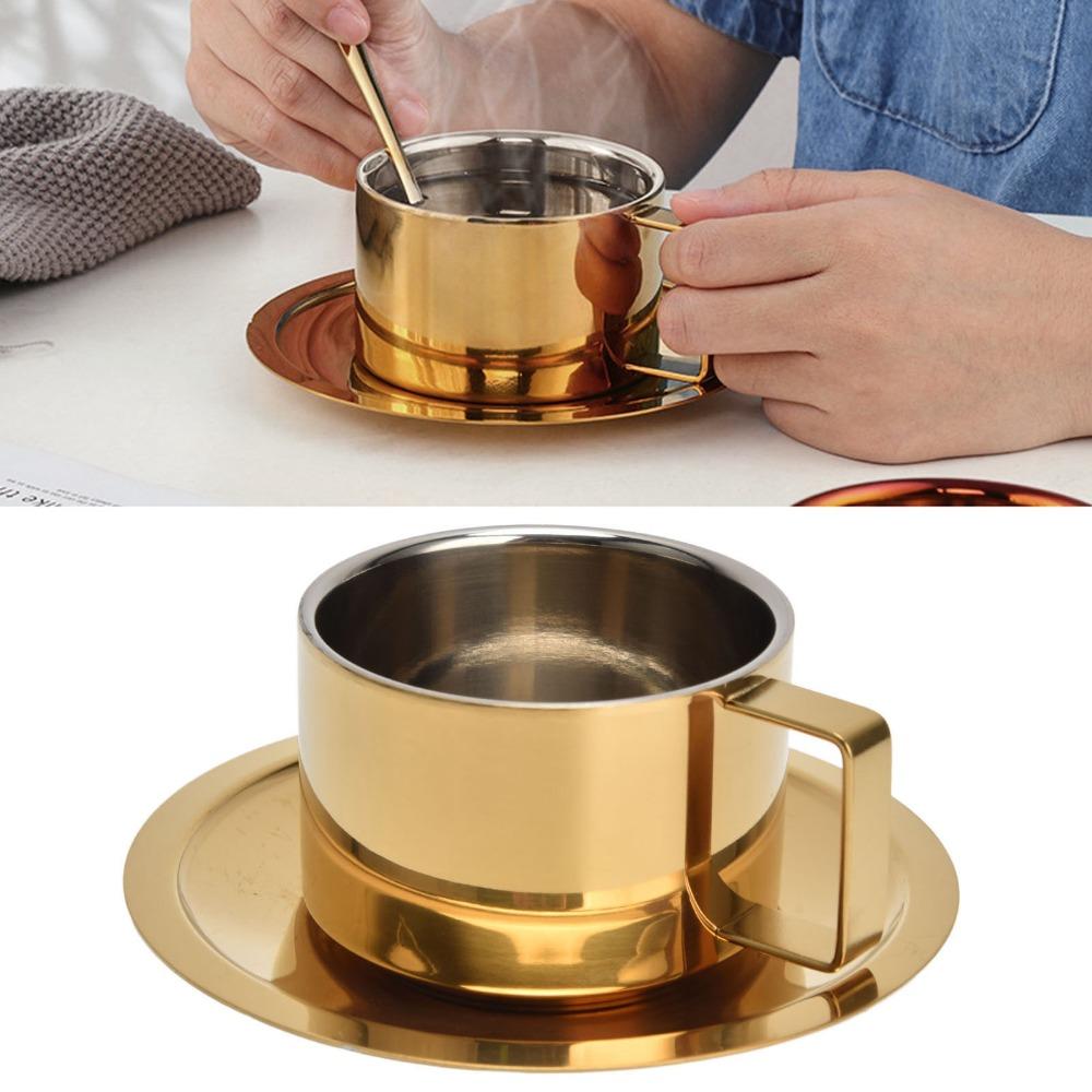 Metal Coffee Mug Stainless Steel Coffee Cup Gold Fashionable Design Espresso Cups Portable Durable Cup and Saucer Set Tea Lovers
