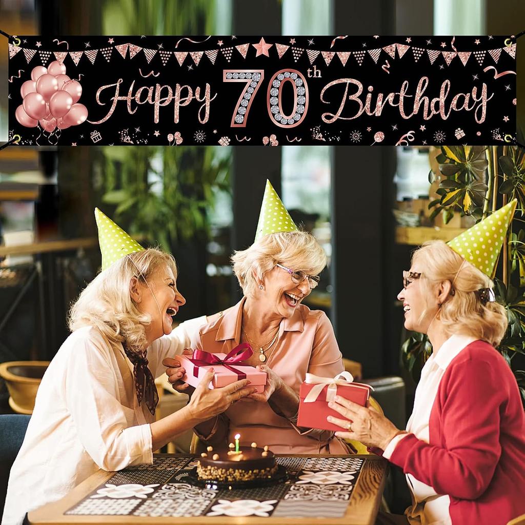 Happy 70th Birthday Banner Decorations for Women, Rose Gold 70 Birthday Sign Party Supplies, Funny 70 Year Old Theme Birthday Party Decor for Outdoor