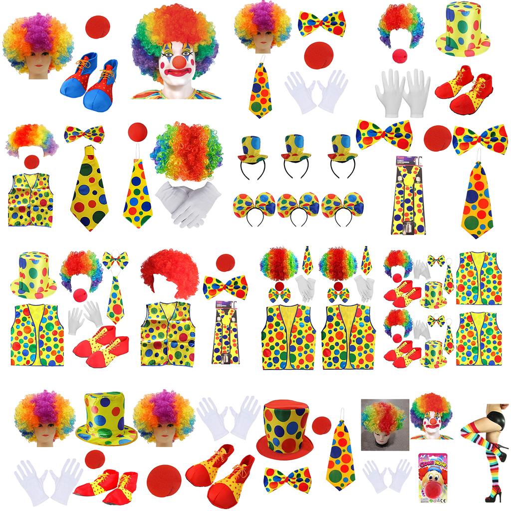 Clown Costume Set Red Clown Noses Shoes Vests Hats Wigs Bow Ties