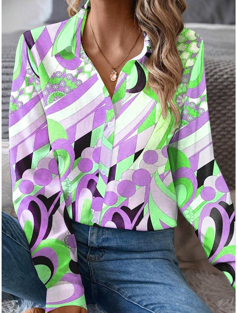 Mode Elegantes Büro Damenhemd Damen Casual Graffiti Bedrucktes Hemd Kragen Knopf Langarm Haushemd Damen Bluse