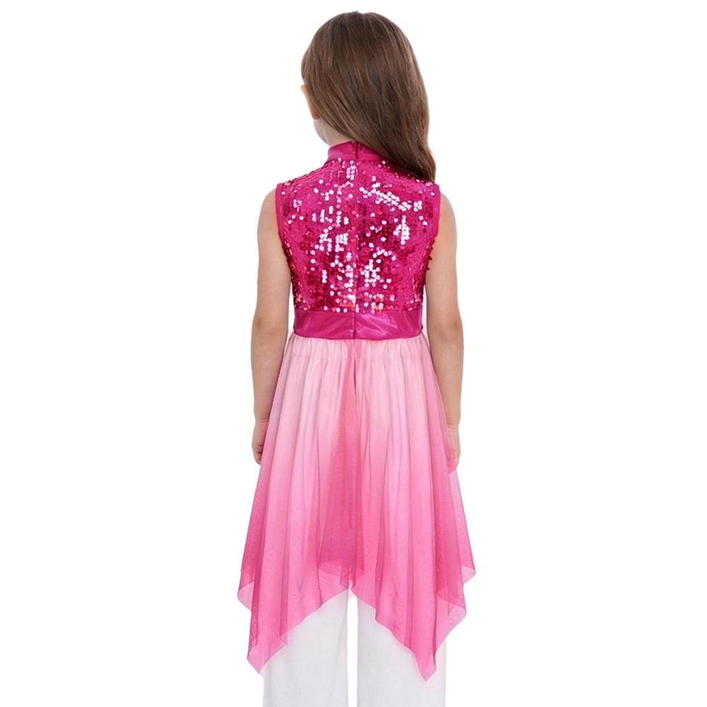 Girls Worship Praise Dance Tunic Dresses Mock Neck Sleeveless Asymmetrical Hem Shiny Sequins Bodice Dress Contemporary Dancewear