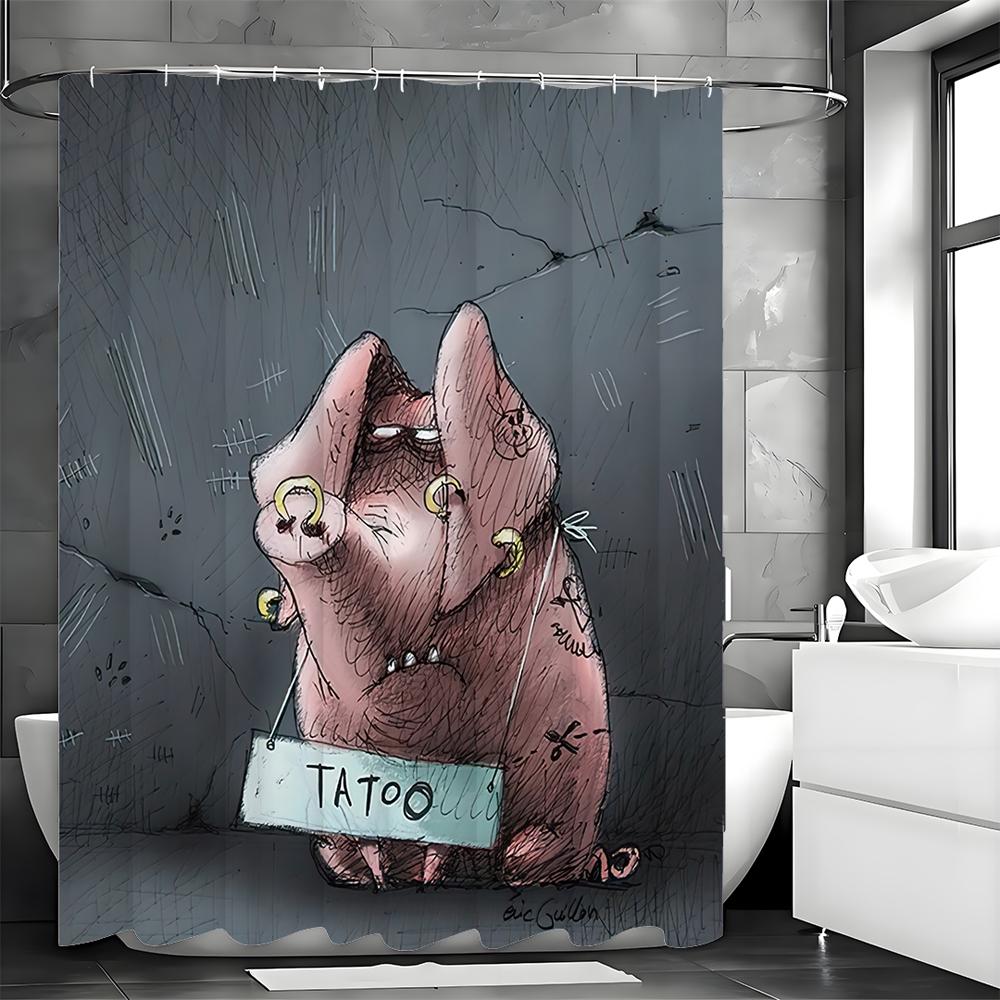 Zasłona prysznicowa Drop Scribble Pig, Dekoracyjna zasłona prysznicowa do łazienki, Wodoodporna zasłona prysznicowa z haczykami
