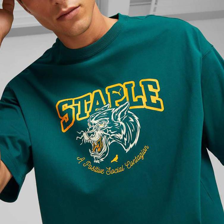 Puma X Staple SS23 Logo Print Rundhals T-Shirt Herren Oberteile Weihnachts-Grün 622201-43