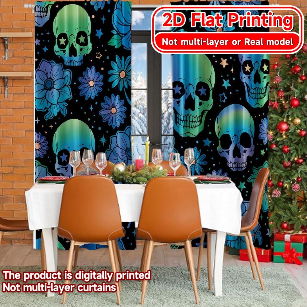 Set Of 2 Flat Printing Curtains Without Rod Floral Skullscape Holiday Halloween Christmas Printed Fabric Curtain Made Polyester