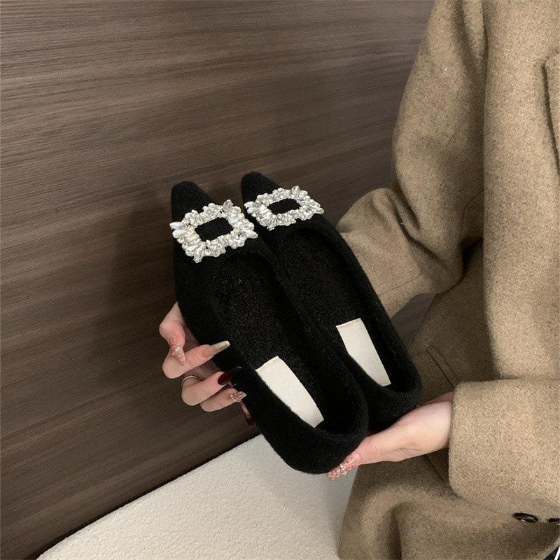 French Xiaoxiangfeng single shoes 2025 new rhinestone square buckle flats evening shoes velvet low heels