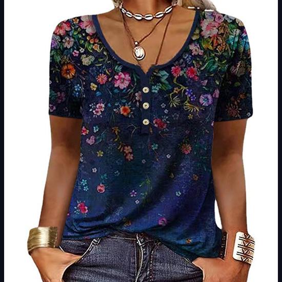Spring and Summer European and American Casual Women's Short Sleeved Printed Ethnic Fashion T-shirt Loose Top