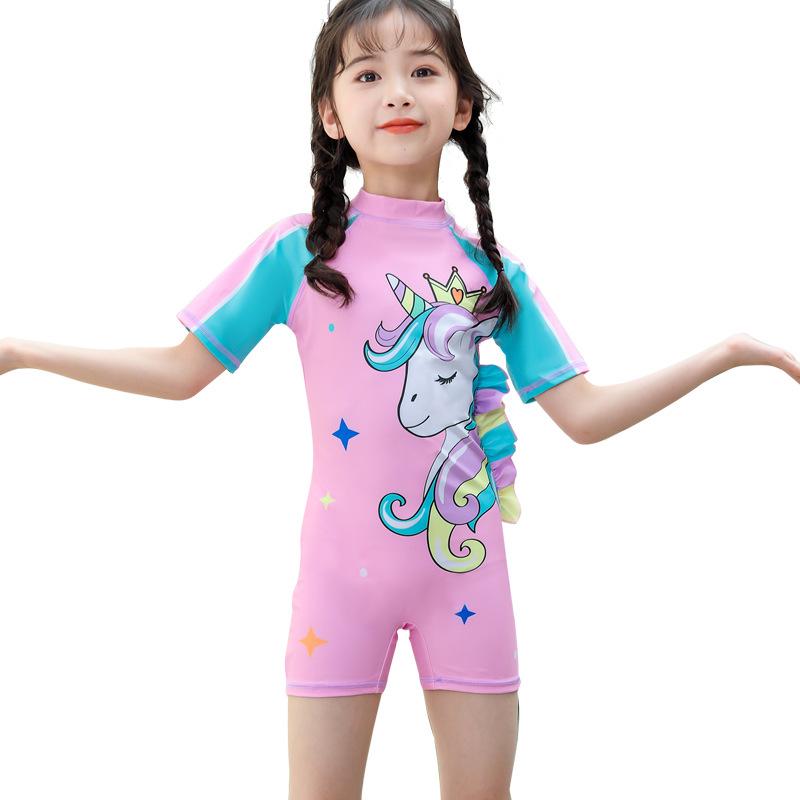 In Stock: Girls' Quick-Dry Sun Protection One-Piece Swimsuit, Sizes S, M, L, Boxer-Style Baby Swimwear