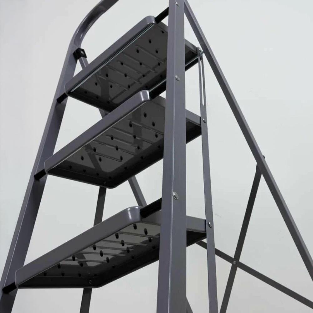 Folding metal ladder for home use, 4 steps, platform, gray, 150 kg