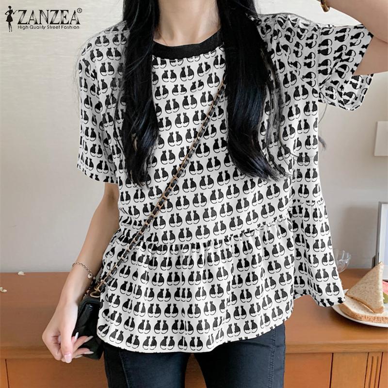 

ZANZEA Женская повседневная летняя блузка с коротким рукавом и круглым вырезом с принтом, топы