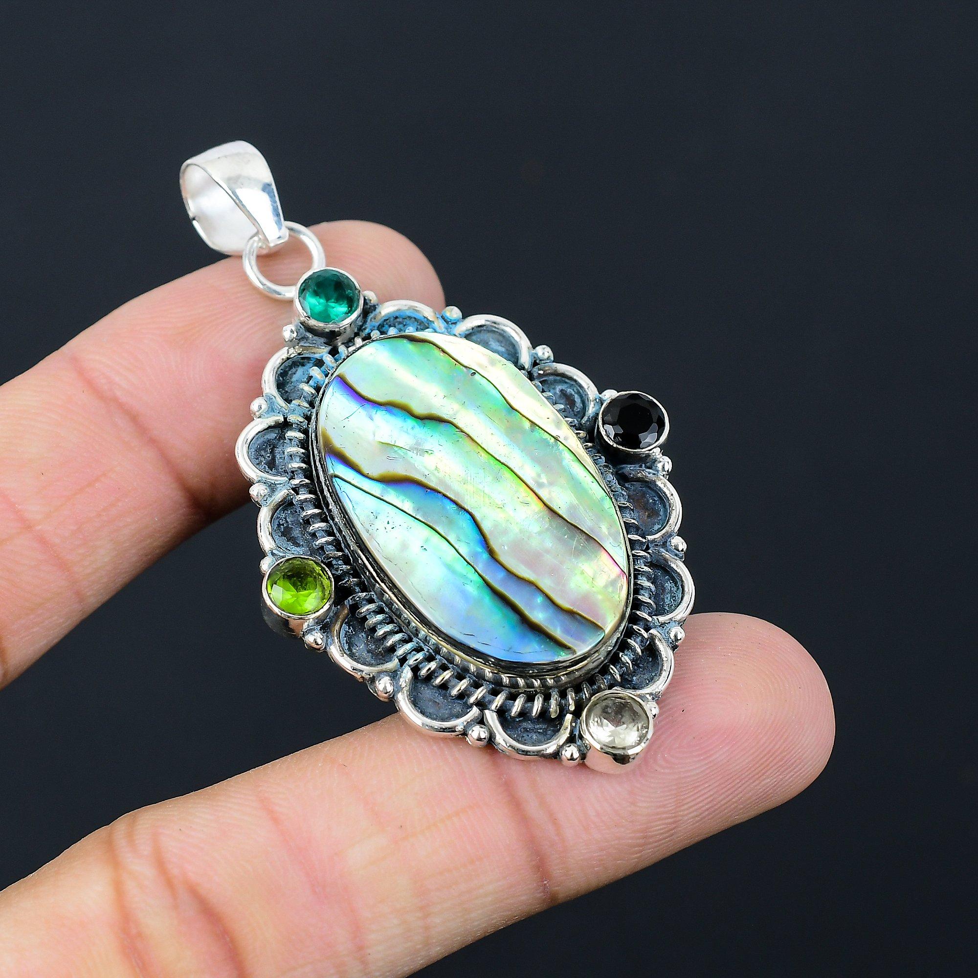 

925 Sterling Silver Natural Abalone Shell Peridot Sister Wedding Pendant Jewelry