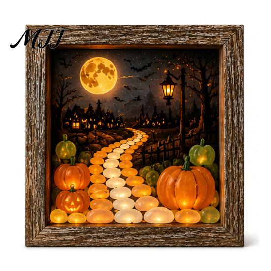 Desktop Mantel Decor Halloween Shadow Box Frame DIY Lighted Craft Kit, Wooden Night Light with Kit for Adults Sea Glass Stones, Gothic LED Memory