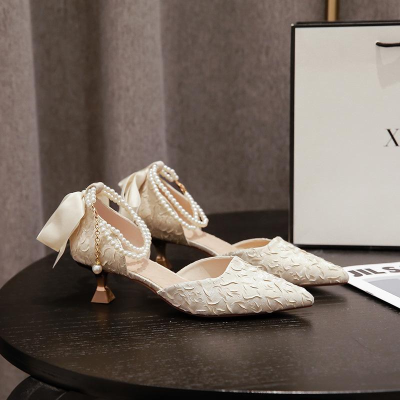 Pearl Chain High-heeled Sandals 2025 Summer New Pointed High-heeled Shoes Fairy Wind Hollow Ribbon Stiletto Single Shoes Women