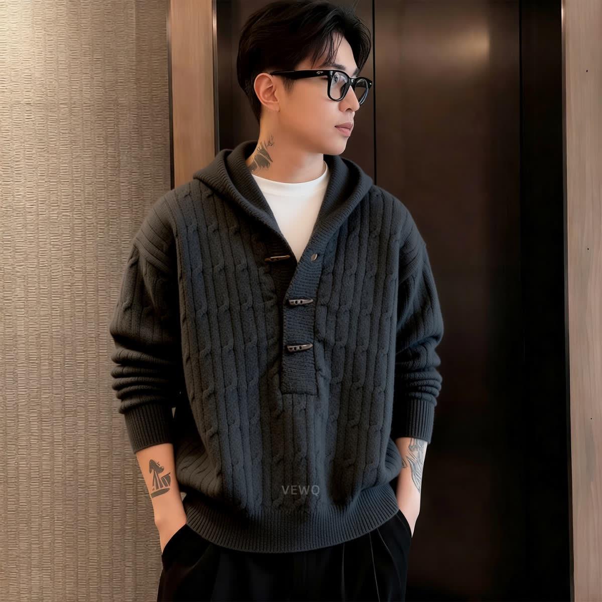 Мужской ретро пуловер с роговыми пуговицами и косами - Осенний повседневный стиль с полуоткрытым воротником. L