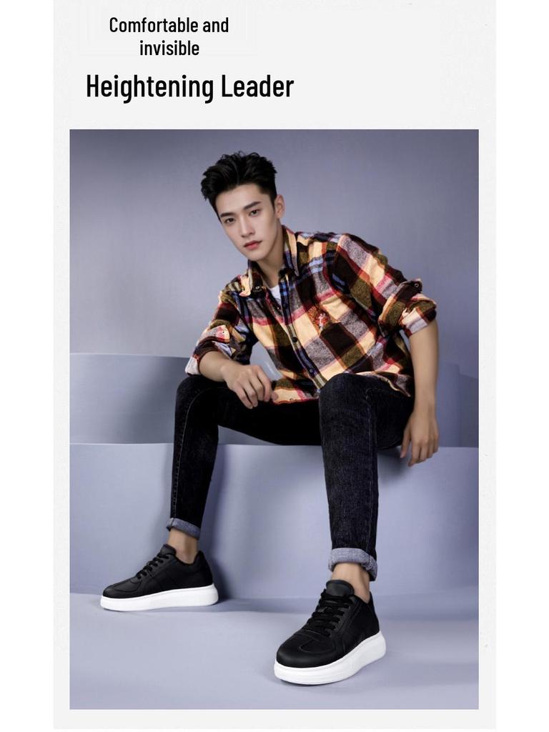 Męskie niewidoczne trampki podwyższające – podeszwa o grubości 8 cm, białe, codzienne buty do jazdy na deskorolce, okrągły nosek