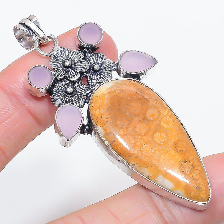 Natural Fossil Coral, Chalcedony 925 Sterling Silver Jewelry Pendant 2.64" r0z91