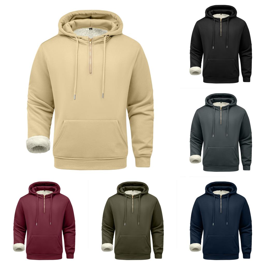 Men's Solid Color Half-Zip Fleece Hoodie Men's Sports Large Size Casual Fleece Hoodie