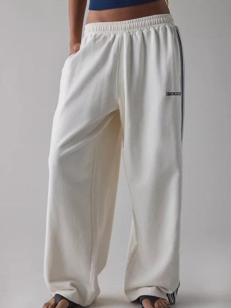 Women's Light Pink Side Stripe Wide Leg Sports Pants with Elastic Waist