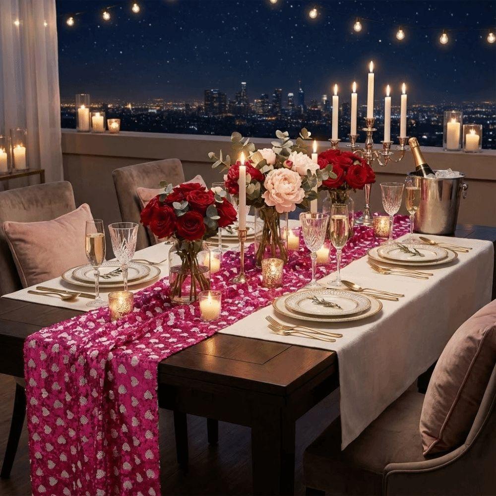 Valentines Day Sequined Mesh Table Runner Love Heart Table Flag Glitter Table Linens  Holiday Event