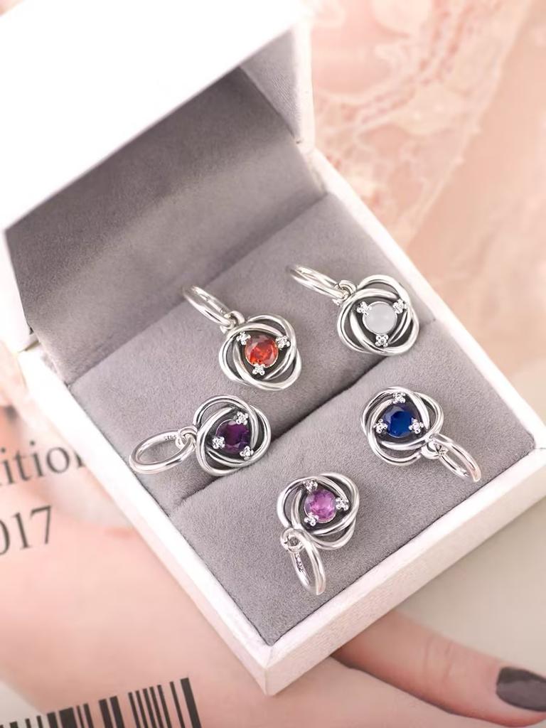 Silver S925 Twelve Month Birthstone Heart Eternity Charms Beads Pendant Fit Original Bracelet for Women DIY Fine Jewelry