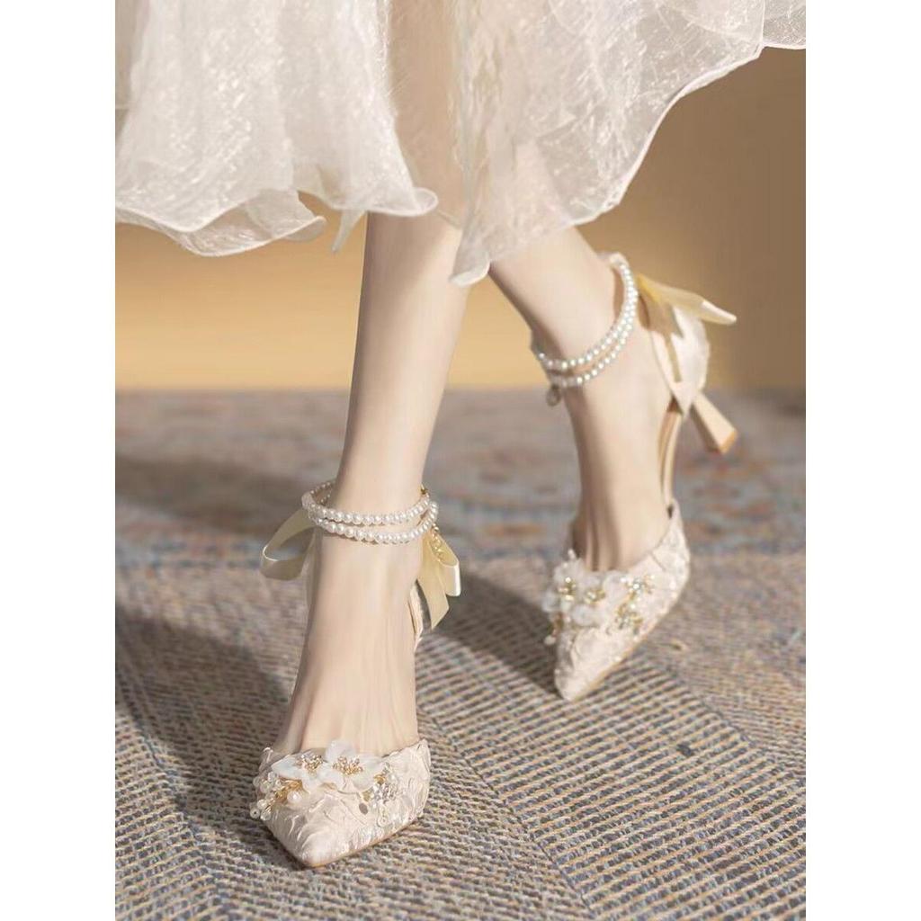 Franska älvstils pärlrem högklackar - Eleganta prinsessbröllopsskor för kvinnor
