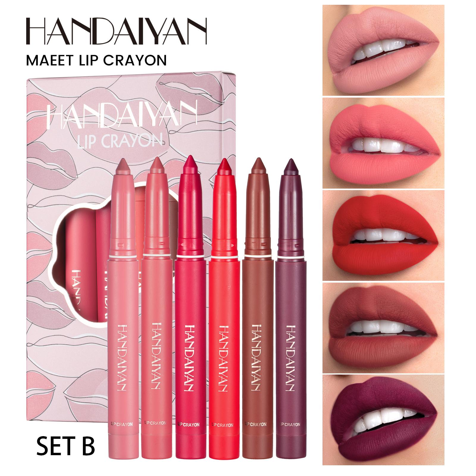 

Набор помад HANDAIYAN Lip Liner. Поворотный механизм позволяет обрезать помаду, не давая ей выцветать. 6 наборов и карандашей. Набор 2 в 1. Водостойкий.