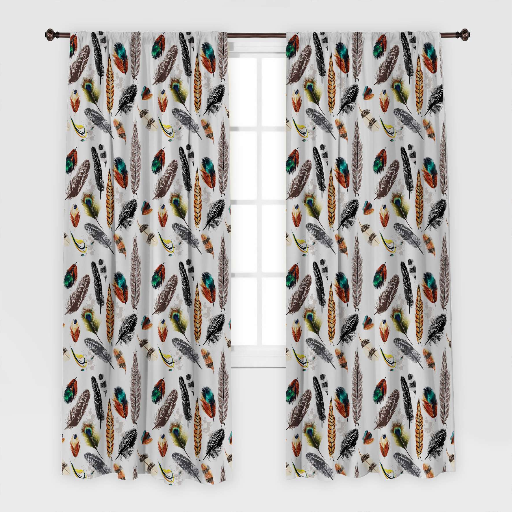 Занавески/шторы с принтом перьев для гостиной, столовой, спальни с комплектом из 2 панелей — красочные перья, креативное искусство, серый, бирюзовый, коричневый