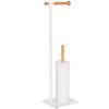 Toilet Paper Holder + Toilet Brush In White Metal and Bamboo